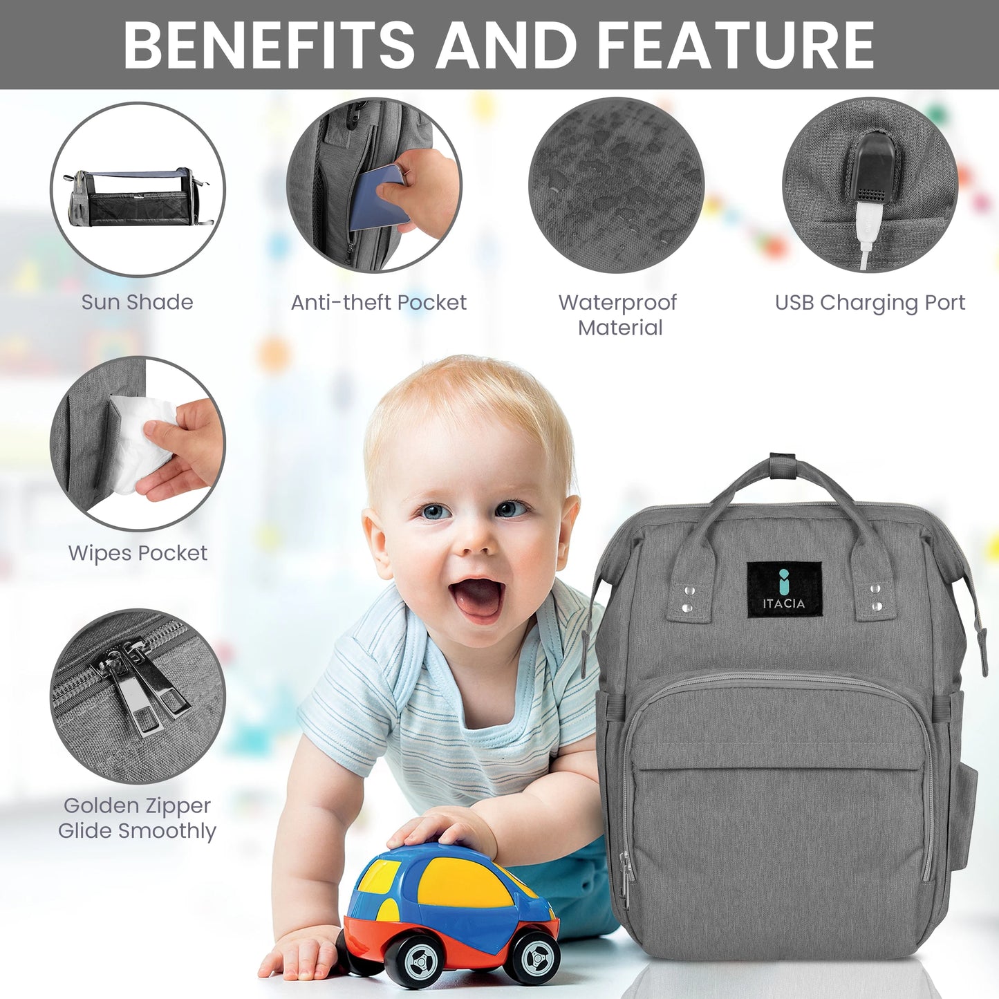 Baby Diaper Bag Backpack with Changing Station Waterproof Baby Bag, Grey