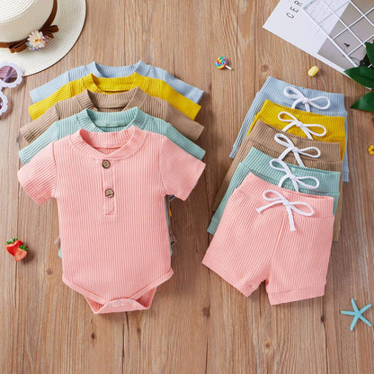 Newborn Infant Ribbed Knitted Outfit Neutral Baby Short Sleeve Clothes Suit for Boys 2Pcs 0-3 Months