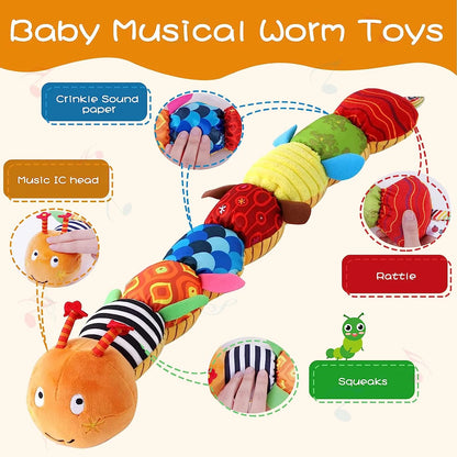 Baby Musical Worm Soft Plush Infant Toy for Newborn, Activity Sensory Crinkle Rattle Multiple Textures Stuffed Animals Toy for Tummy Time 0-3-6-12 Months Old Girl Boy Gifts, Cute Caterpillar