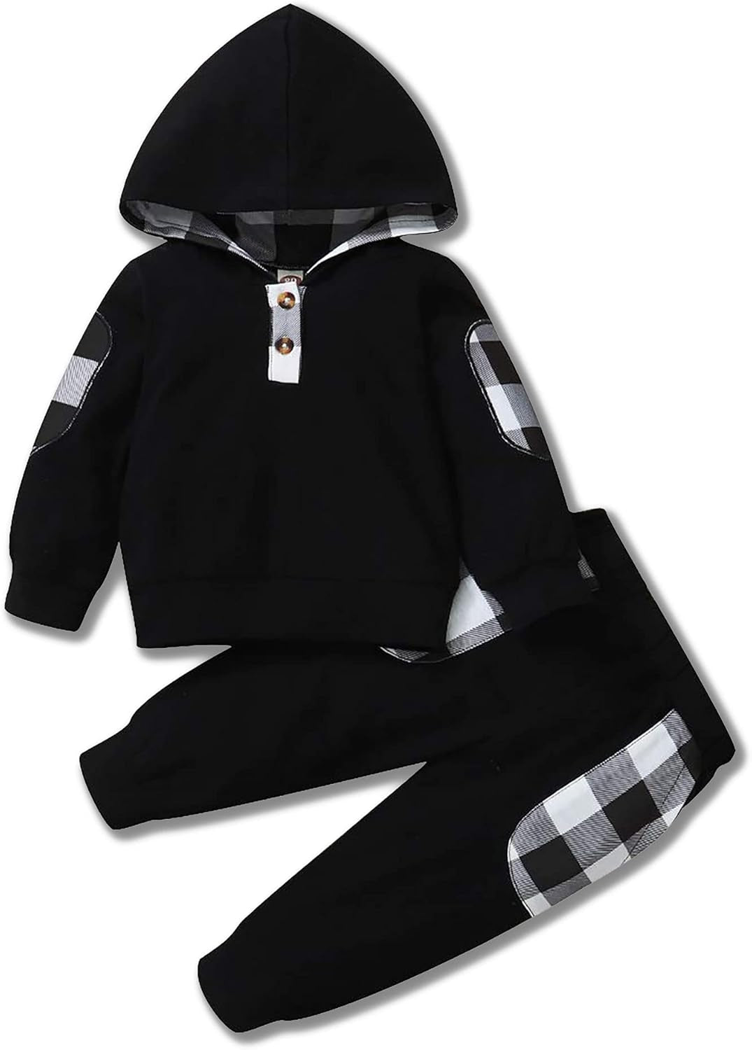 Baby Boy Clothes 2PCS Toddler Sweatshirt Hooded Classic Plaid Letter Printed Hoodies Camo Pants(Black1,12-18 Months)