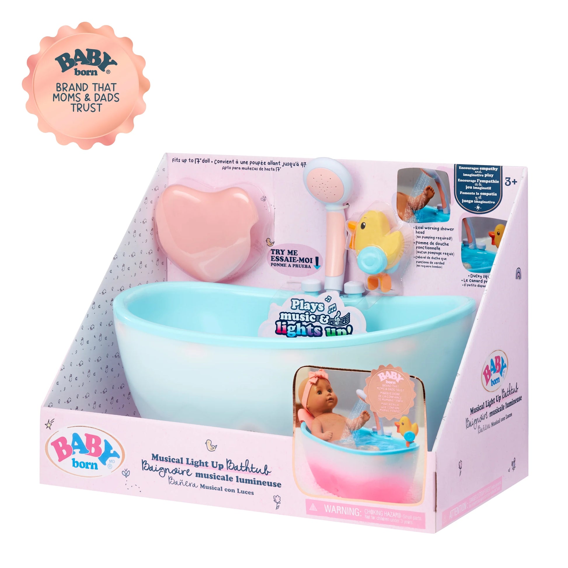 Baby Doll Musical Light up Bathtub with Working Shower, Fits Dolls up to 17", Ages 3+