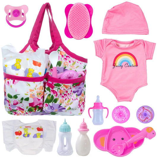 Baby Doll Accessories 13 Pcs Baby Doll Feeding and Caring Set Babies Pretend Doll Accessories Including Baby Doll Diaper Bag, Diapers, Clothes, Bottles, Dinner Plate, Pacifier and Comb