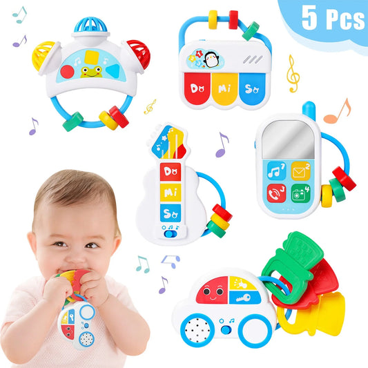 Baby Toys 0-6-12 Months, 5 Pcs Infant Rattle Toys Set, Teething Toys, Developmental Baby Sensory Toys for Girls Boys for 0-3-6-9-12 Months Newborn Infant