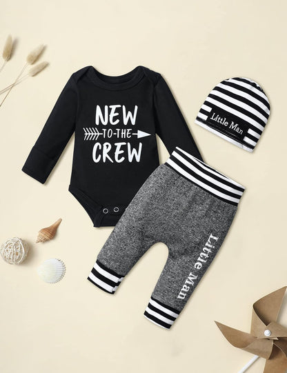 Newborn Baby Boy Clothes New to the Crew Letter Print Romper+ Pants+Hat 3PCS Outfit