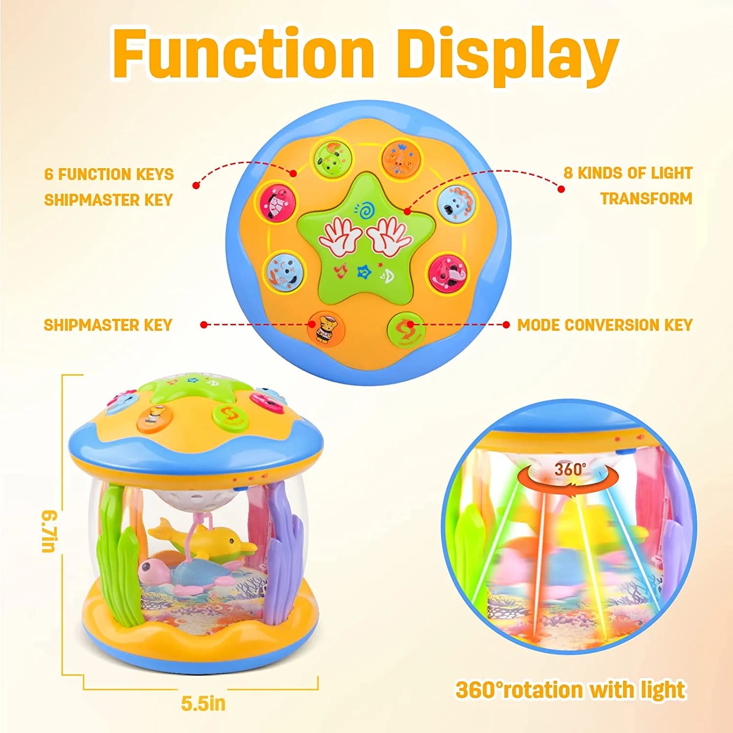 Baby Musical Toys with Light up for Toddlers 1 2 3, Rotating Ocean Projector Infant Toys 12-18 Month, Sitting Crawling Walking Developmental Toys for Babies, Gifts Toys for Kid