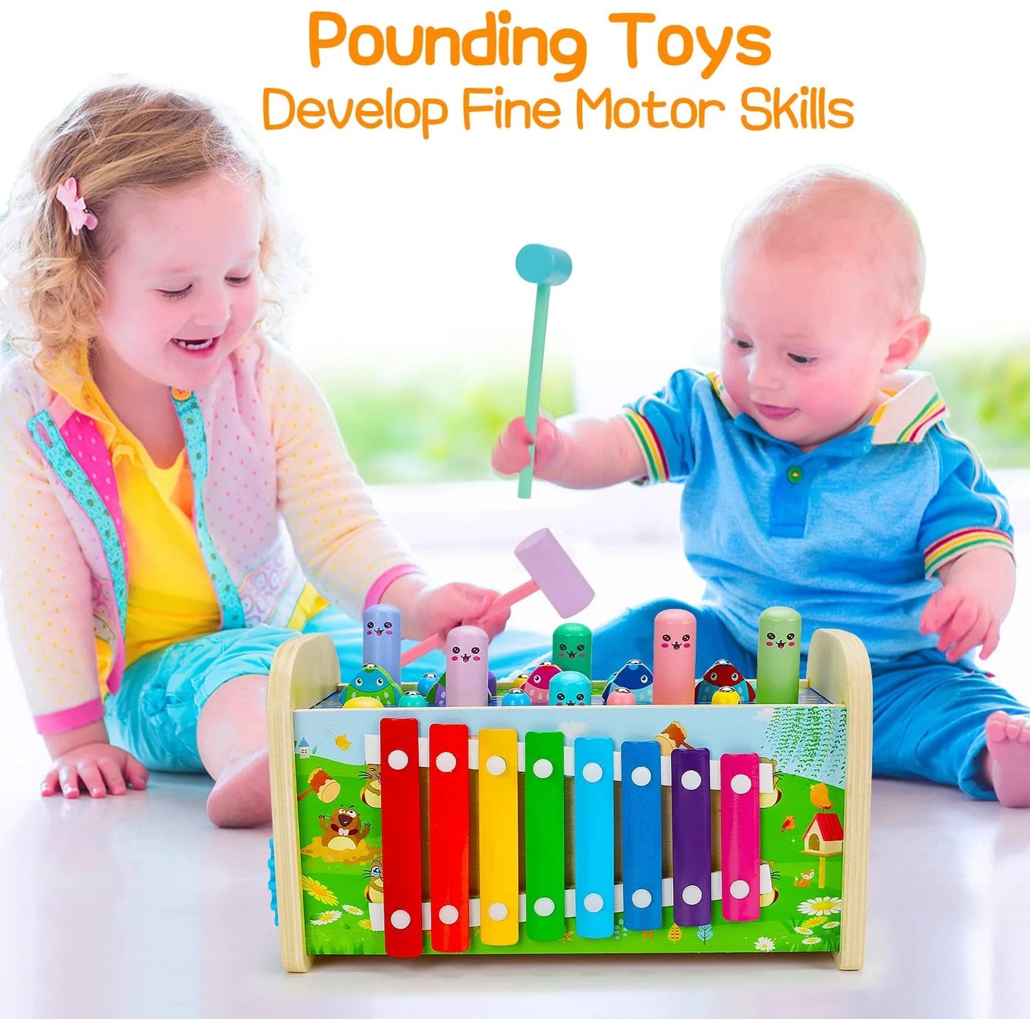 4 in 1 Hammering Pounding Toys Wooden Montessori Educational Fishing Game Xylophone Toy for 1 2 3 Year Old Baby Sensory Developmental Toy Fine Motor Skill Preschool Toddler Activities Age 1-2 2-4 Gift