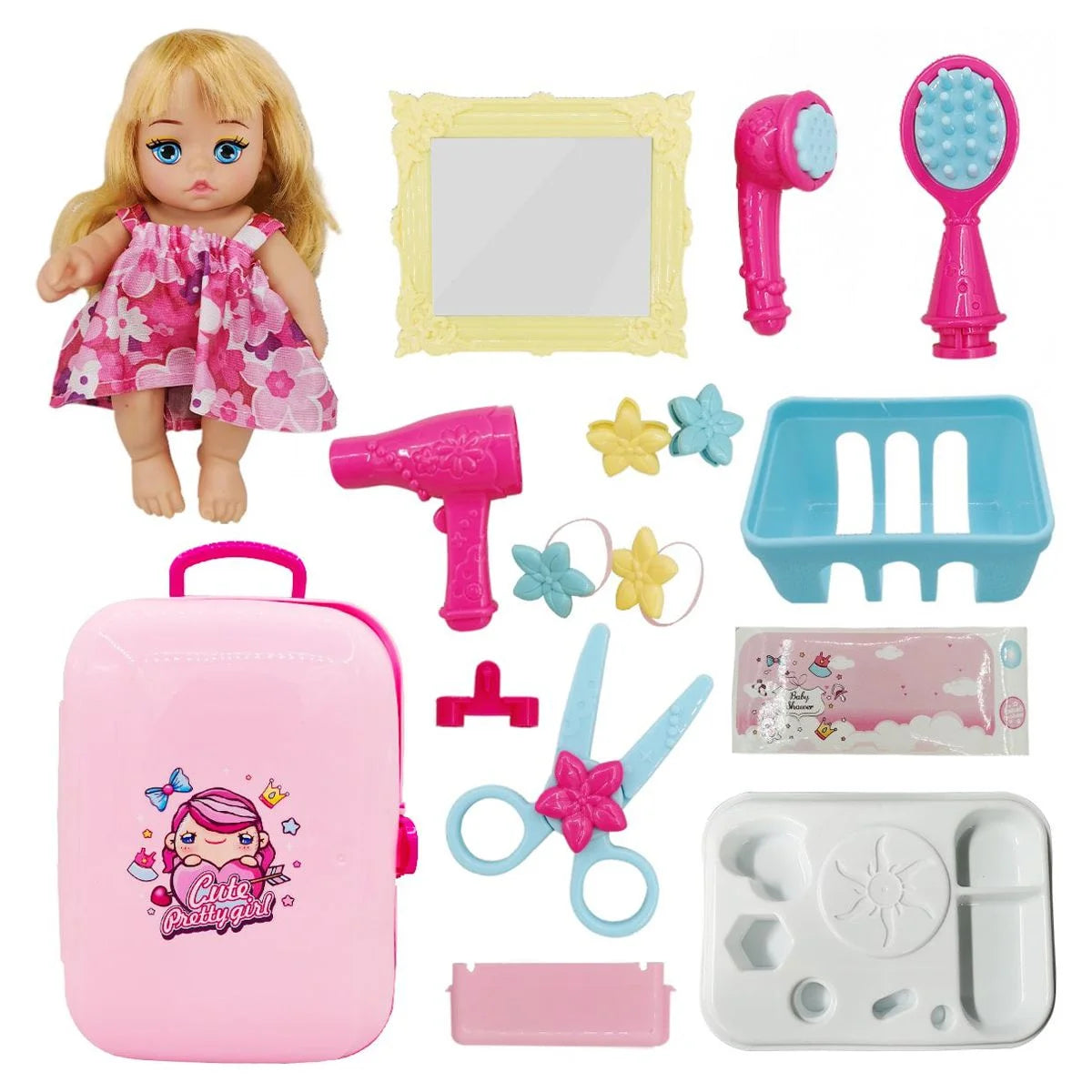 Little Princess Dressing up Toys with Backpack, Pretend Play Bath Set for Girls, Baby Doll Accessories Set for for 3 4 5 Year Old Toddlers (16 Pcs)