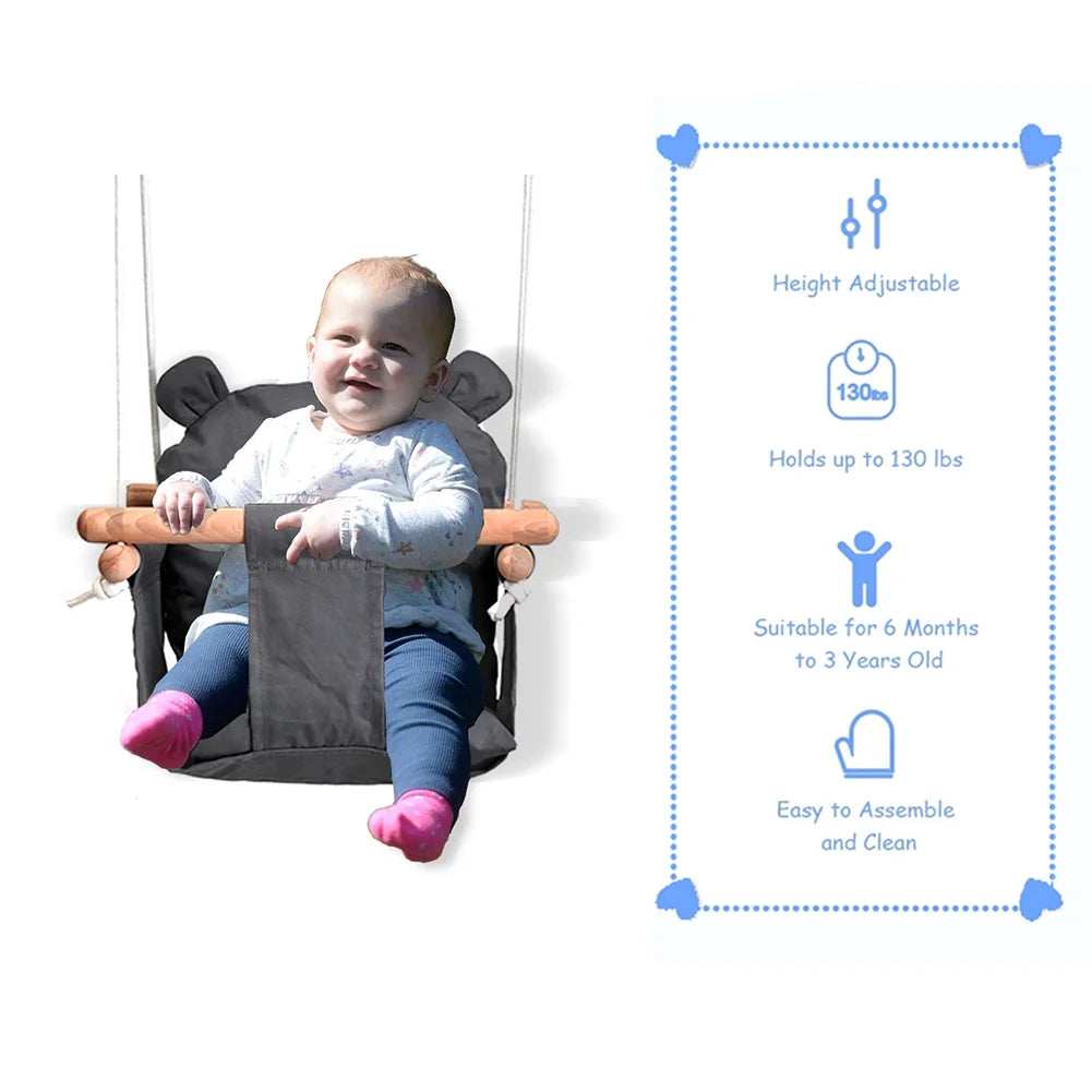 Secure Baby Hanging Swing Seat Chair for Toddler, Baby Swings for Infants, Secure Indoor & Outdoor Hammock Toy, Canvas Toddler Swing with Soft Backrest Cushion and PE Rope, Baby Hammock Chair (Grey)