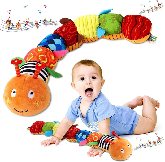 Baby Musical Worm Soft Plush Infant Toy for Newborn, Activity Sensory Crinkle Rattle Multiple Textures Stuffed Animals Toy for Tummy Time 0-3-6-12 Months Old Girl Boy Gifts, Cute Caterpillar