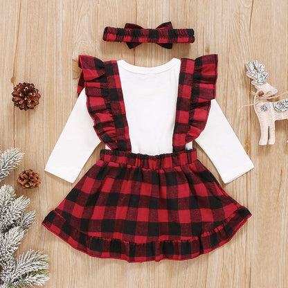 3Pcs Baby Girl My 1St Christmas Outfits Long Sleeve Shirt Dress Pants with Bowknot Headband Set