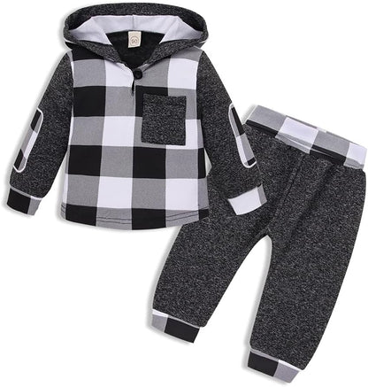 Toddler Baby Boys Plaid Hoodie Sweatshirt Set Long Sleeve Top with Pocket Infant Fall Tartan Pants Winter 2Pcs Outfits