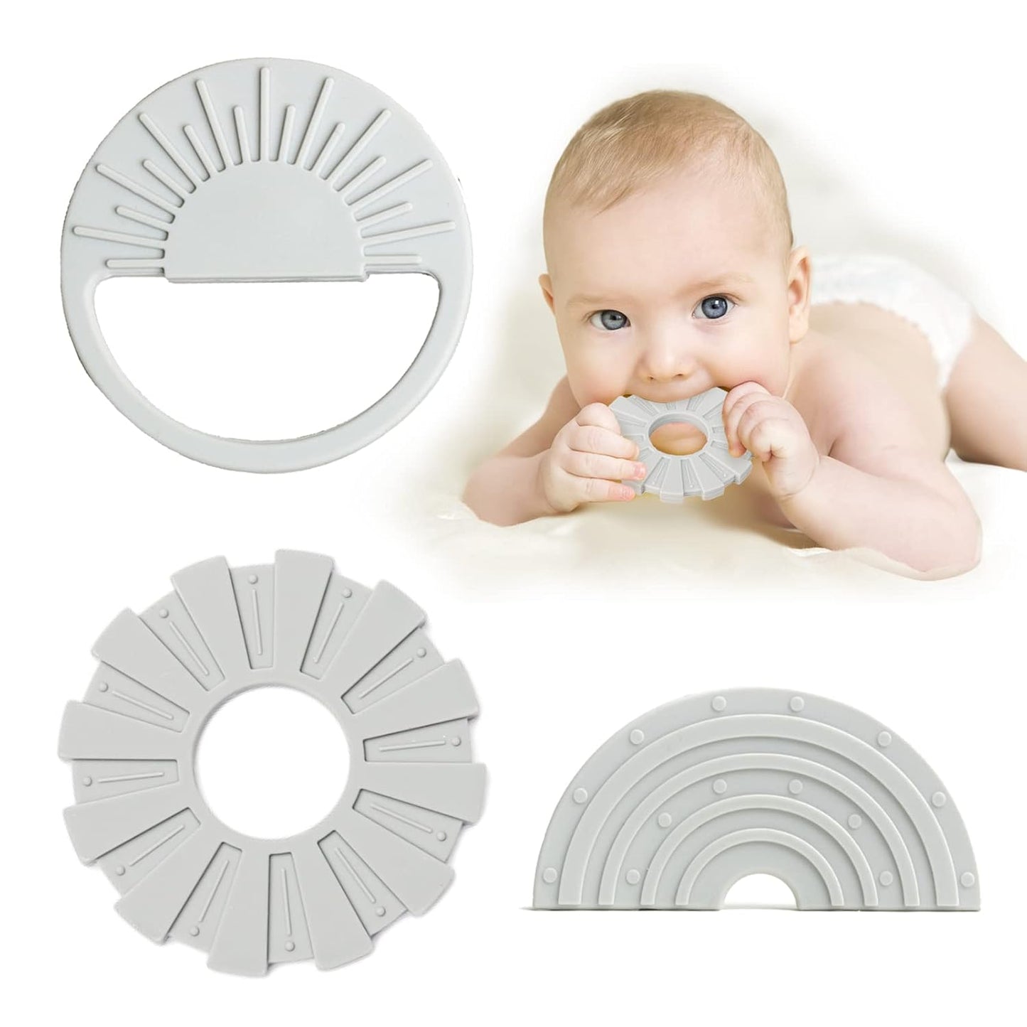 Baby Teethers Teething Toys for Babies 0-6 Months Silicone Smile Teether Relief Ring Infant Chew Toy Grey