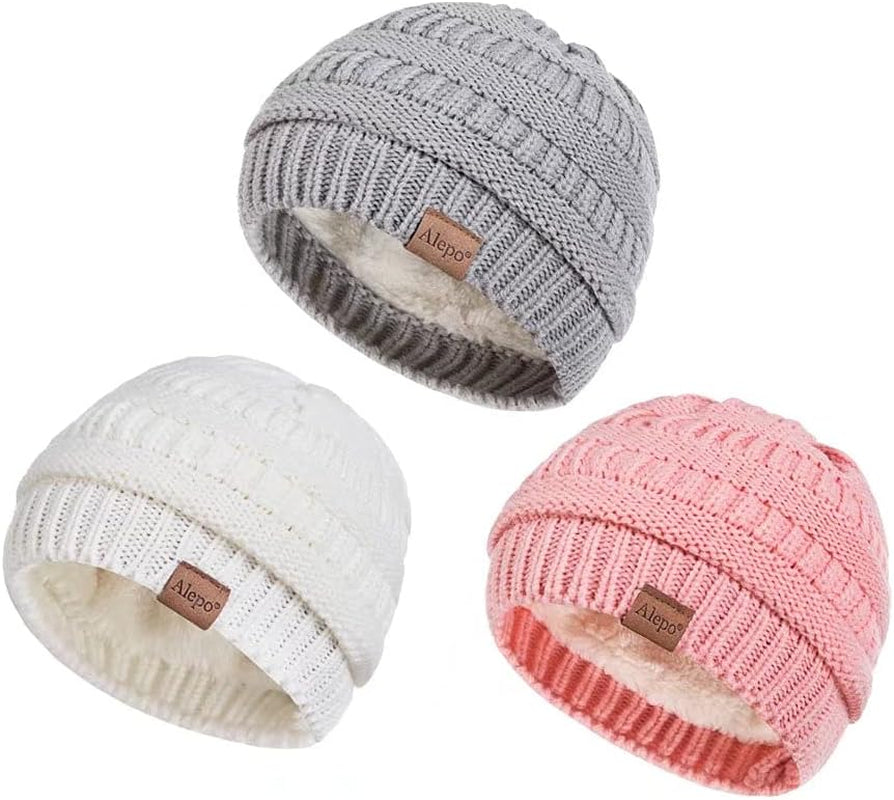 Fleece Lined Baby Beanie Hat, Infant Newborn Toddler Kids Winter Warm Knit Cap for Boys Girls (Light Gray&Pink&White)