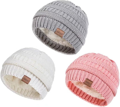 Fleece Lined Baby Beanie Hat, Infant Newborn Toddler Kids Winter Warm Knit Cap for Boys Girls (Light Gray&Pink&White)