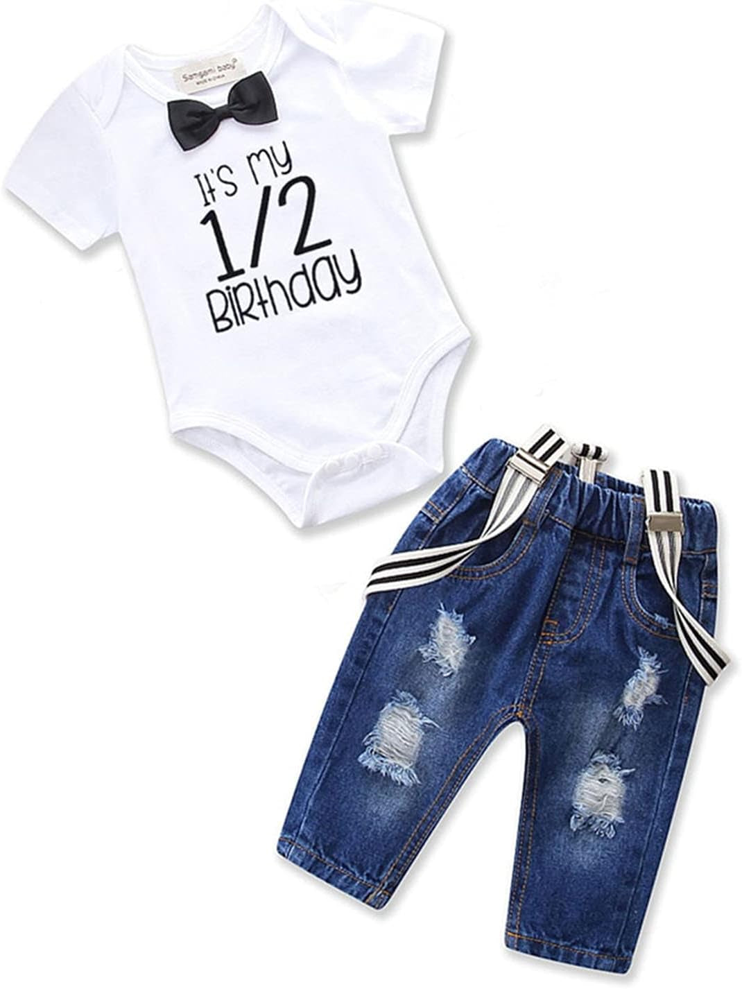 Toddler Baby Boy Birthday Clothes Set Bowtie Romper Suspenders Ripped Denim Pants Outfits