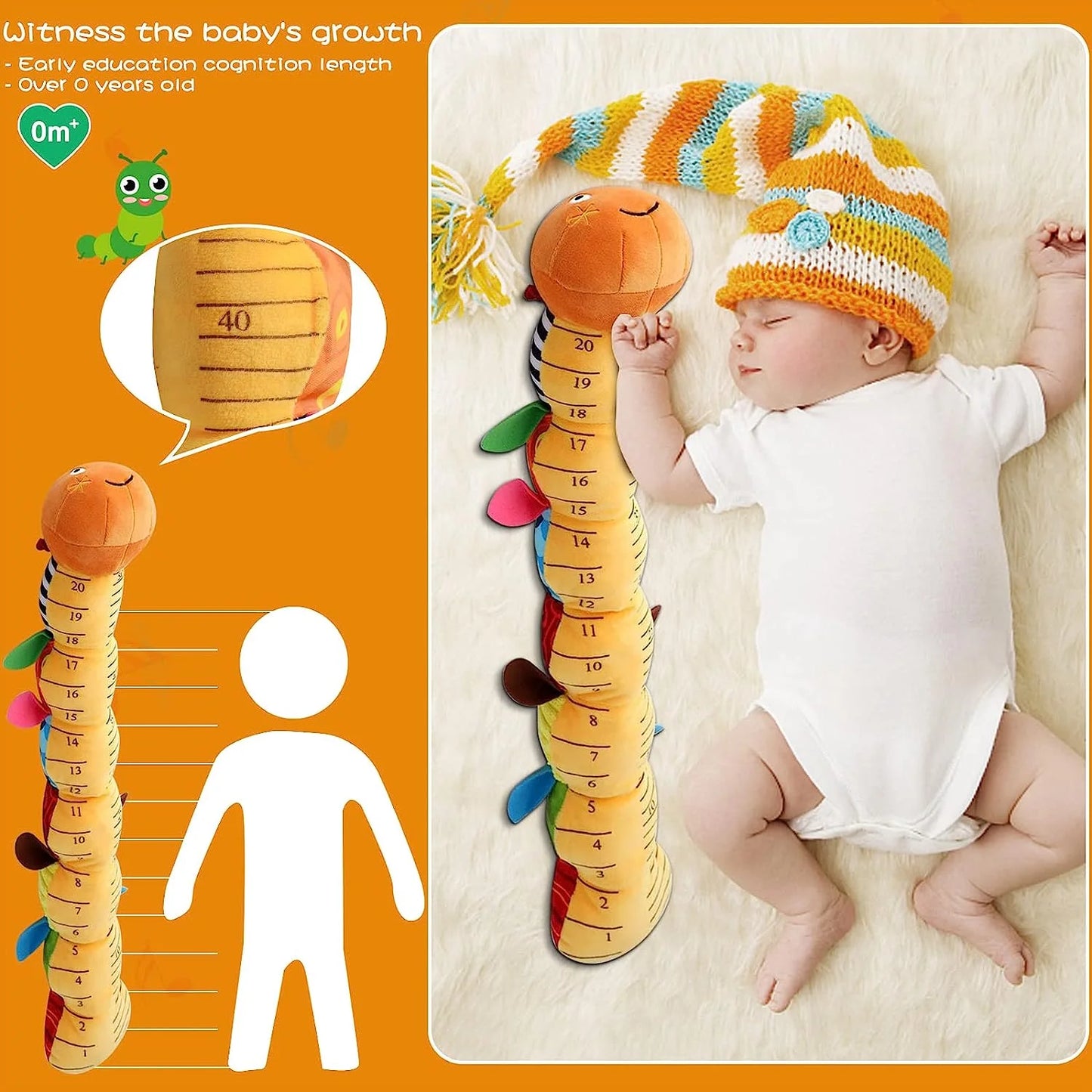 Baby Musical Worm Soft Plush Infant Toy for Newborn, Activity Sensory Crinkle Rattle Multiple Textures Stuffed Animals Toy for Tummy Time 0-3-6-12 Months Old Girl Boy Gifts, Cute Caterpillar