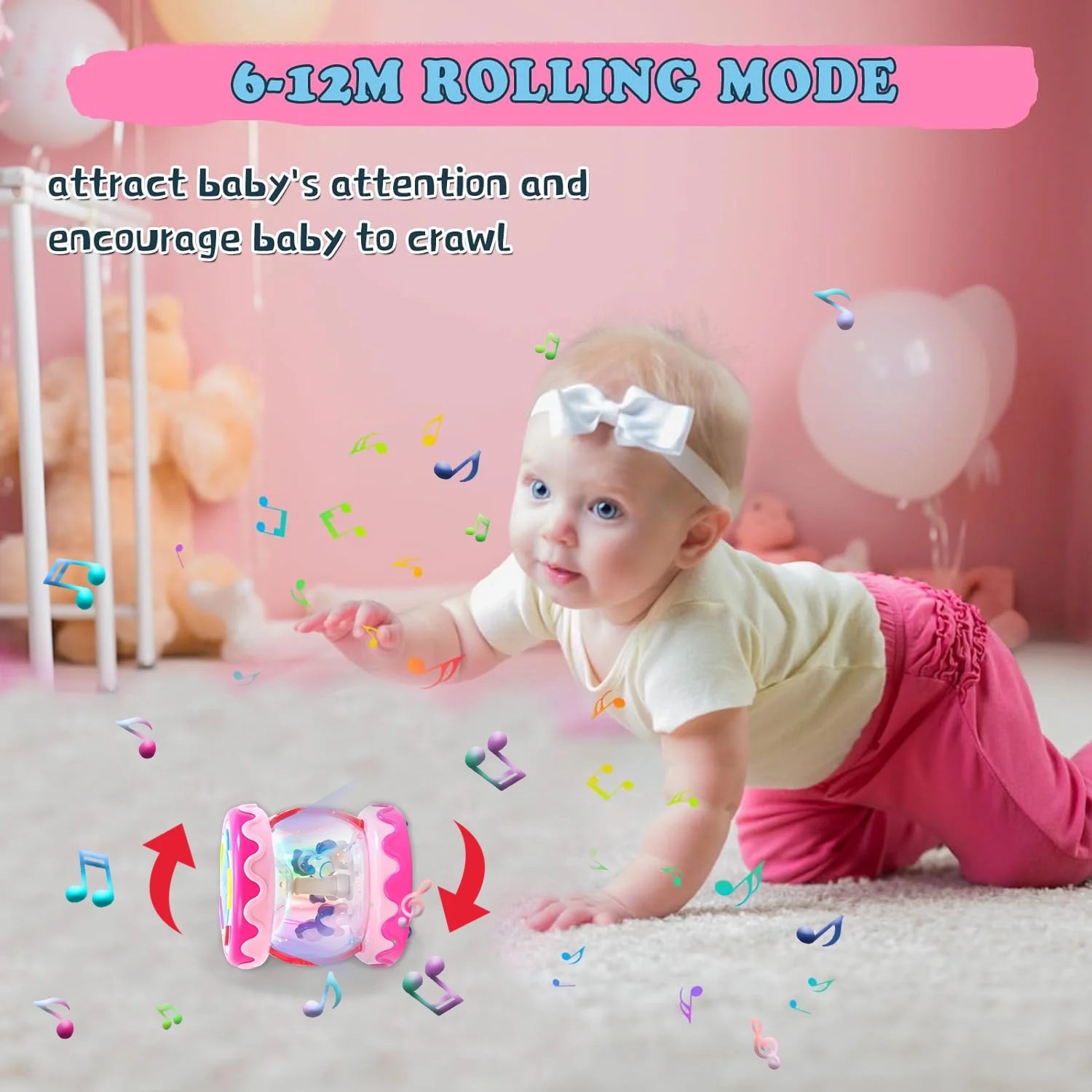 Baby Toys 6 to 12 Months, Musical Learning Infant Toys 12-18 Months - Rotating Light up Baby Music Crawling Toys Educational Toy for Girls