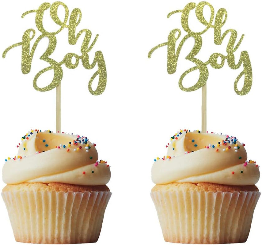 24PCS Oh Boy Gold Glitter Birthday Cupcake Toppers for Baby First Birthday Baby Shower Decoration