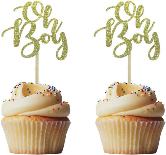24PCS Oh Boy Gold Glitter Birthday Cupcake Toppers for Baby First Birthday Baby Shower Decoration
