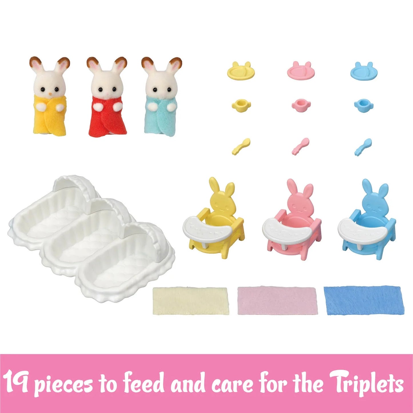 Triplets Care Set, Dollhouse Playset with 3 Figures and Accessories