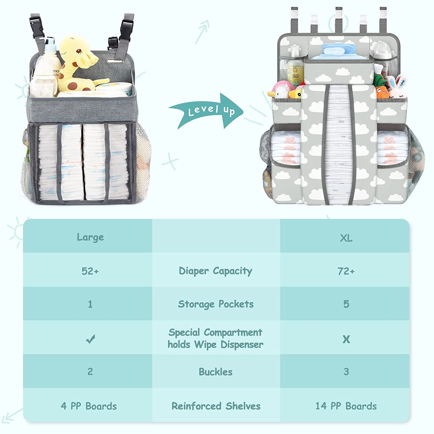 XL Changing Table Organizer, Hanging Diaper Organizer for Cirb, Pack N Play Diaper Holder, Baby Accessories for Crib, Baby Essentials for Newborn, Baby Shower Gifts(Grey Cloud)