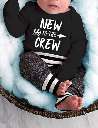 Newborn Baby Boy Clothes New to the Crew Letter Print Romper+ Pants+Hat 3PCS Outfit