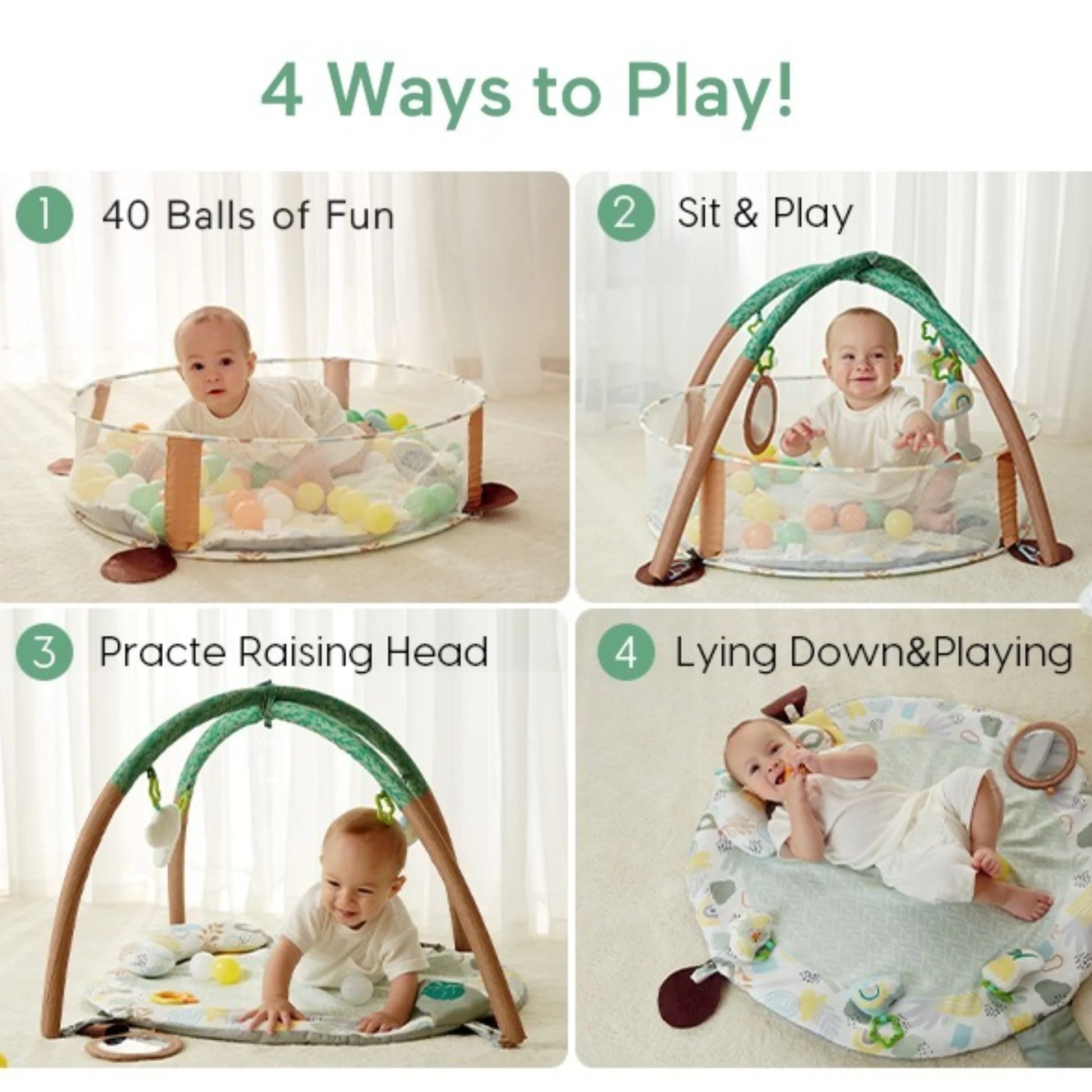 4-In-1 Baby Play Gym, Activity Gym Ball Pit with Detachable Anti-Slip Thickening Tummy Time Mat with Sensory Toys for Newborn Infant Toddler to Develop Motor and Cognition
