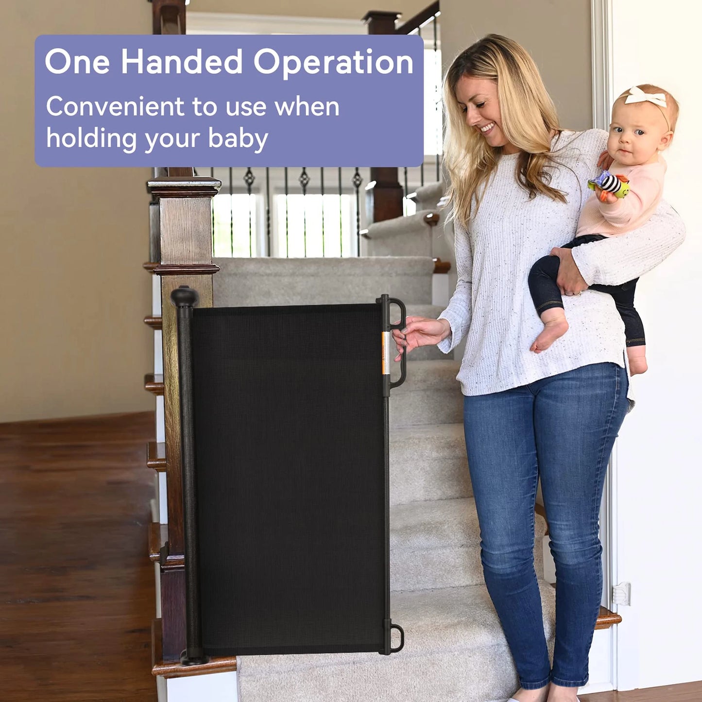 Retractable Baby Safetygate, Indoor/Outdoor, Child Pet Gate for Stairs, Doorways, Hallways,33" X 55" ,Black