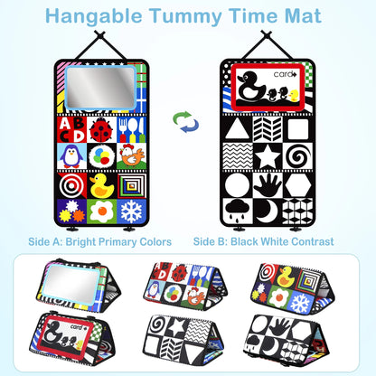 Baby Tummy Time Floor Mirror, Black and White High Contrast Baby Toys & Crinkle Cloth Book