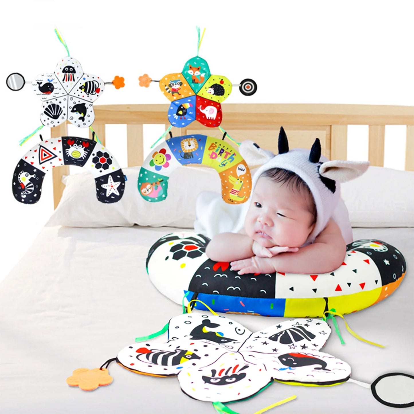 Baby Toys 0-6 Months, Tummy Play Time Pillow with Crinkle Mat & Teethers, Black and White High Contrast Baby Toys with Mirror, Montessori Sensory Crawling Toy for Infant Newborn Toddler