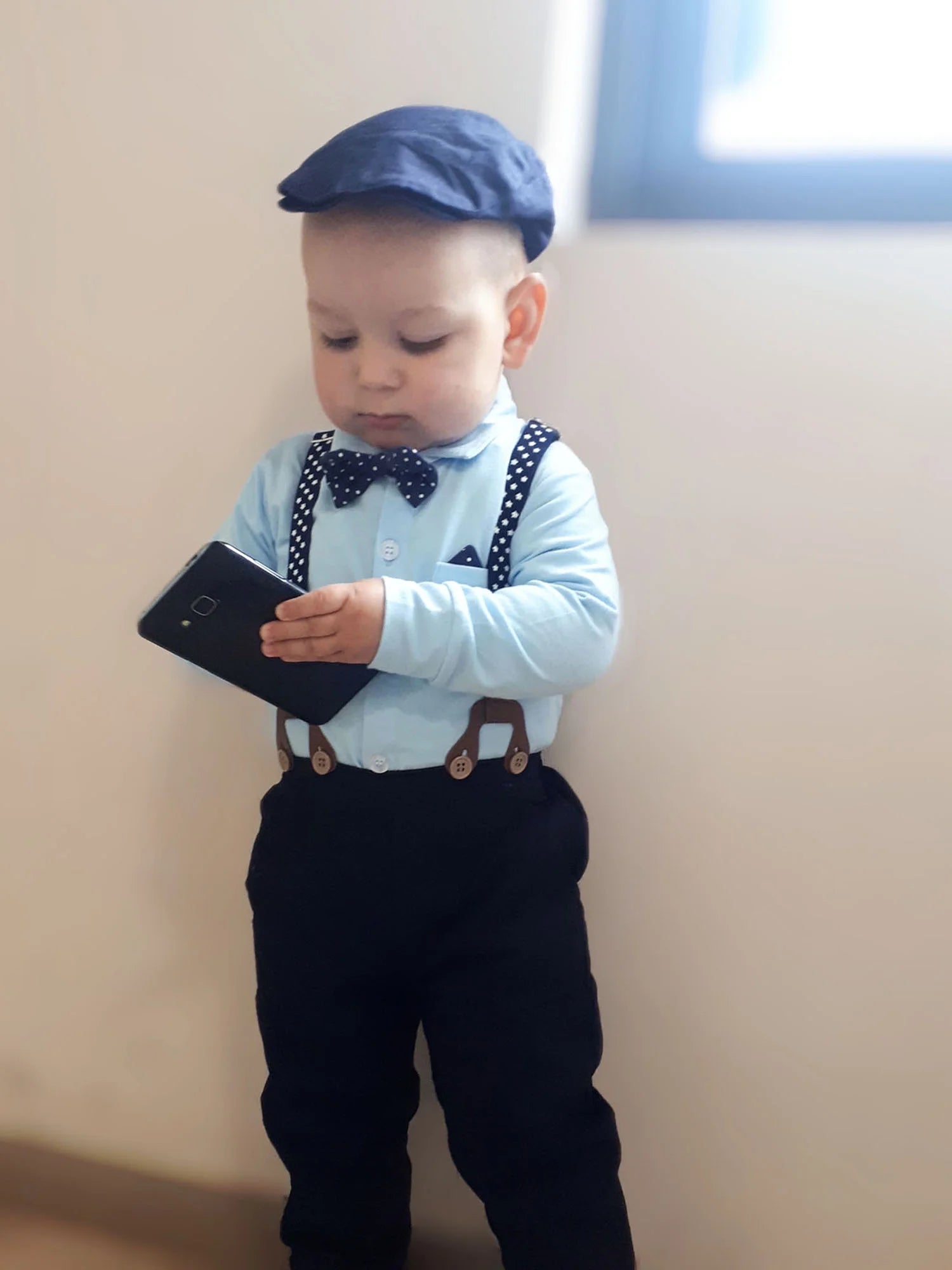 Baby Boy Clothes Infant Formal Outfit Set Cotton Fabric Shirt Bowtie Suspender Pants 0-24M