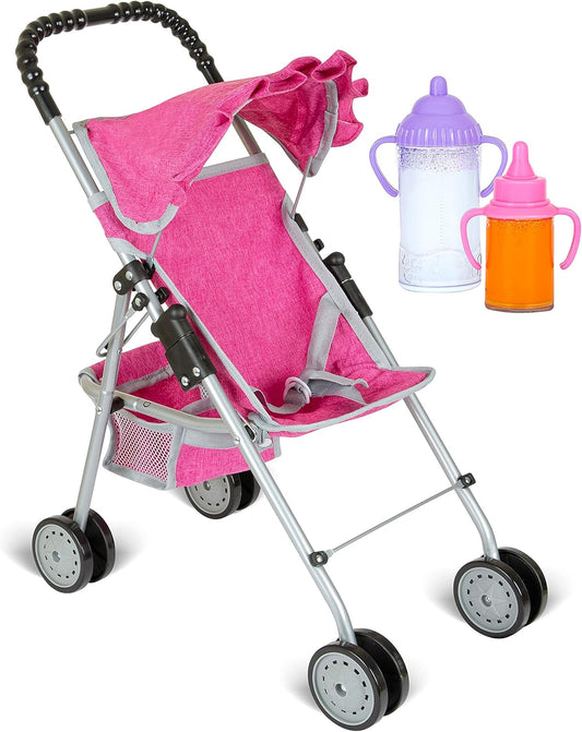 Doll Stroller with Basket, My First Denim Pink Foldable Baby Doll Umbrella Doll Stroller Fits Upto 18" Dolls, Gift Toys for Girls,Baby Doll Accessories Include 2 Free Magic Bottles