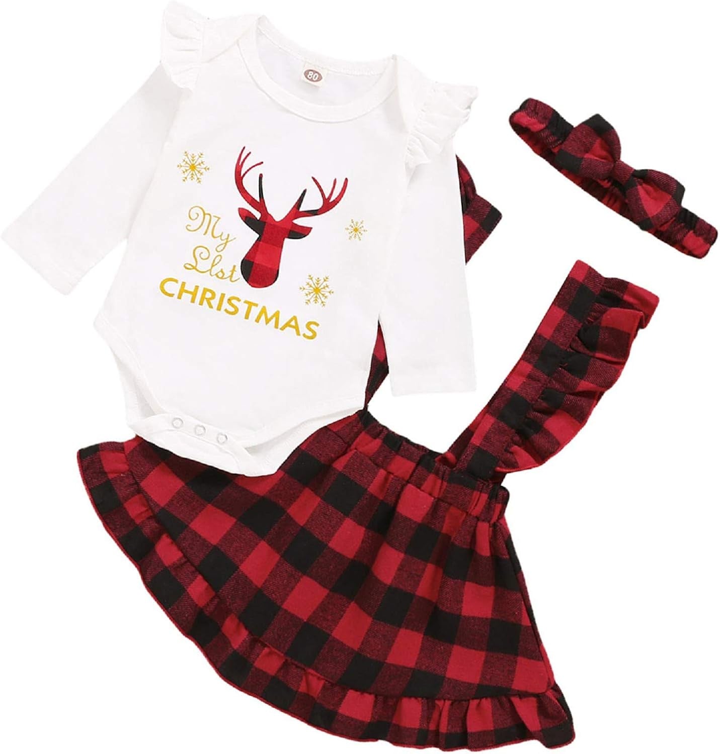 3Pcs Baby Girl My 1St Christmas Outfits Long Sleeve Shirt Dress Pants with Bowknot Headband Set