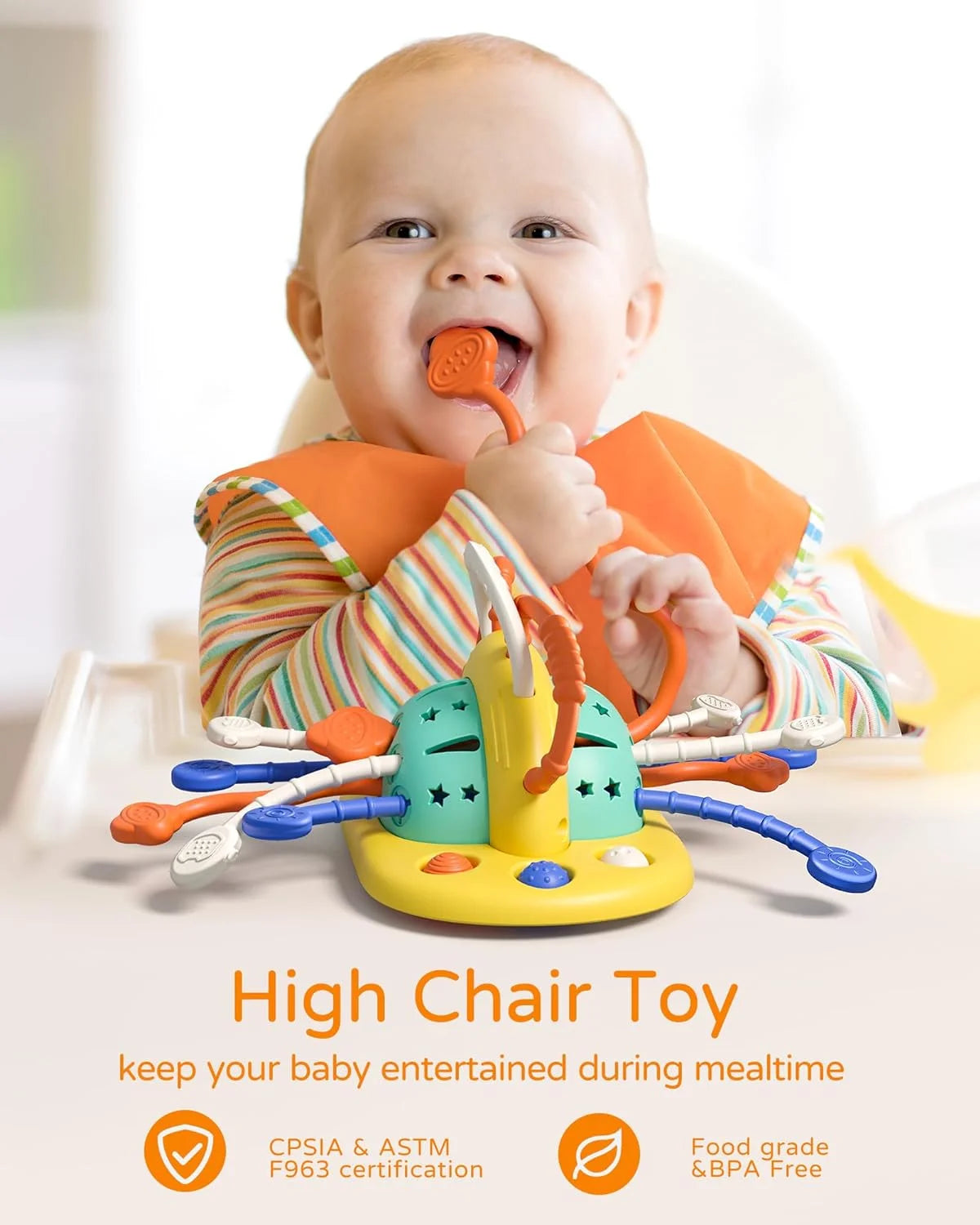 Teething Toys for Baby 6-12 Months,High Chair Toys with Suction Cup Toys, Pull String Sensory Toys for Fine Motor Skills Gift for Toddlers