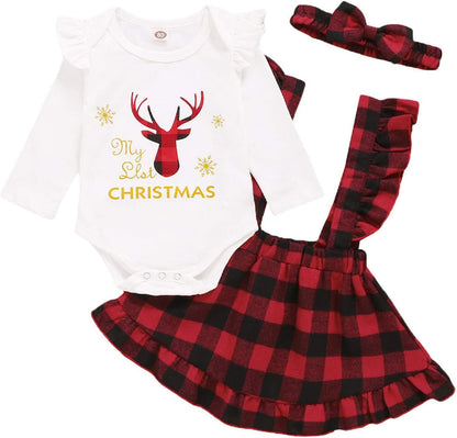 3Pcs Baby Girl My 1St Christmas Outfits Long Sleeve Shirt Dress Pants with Bowknot Headband Set